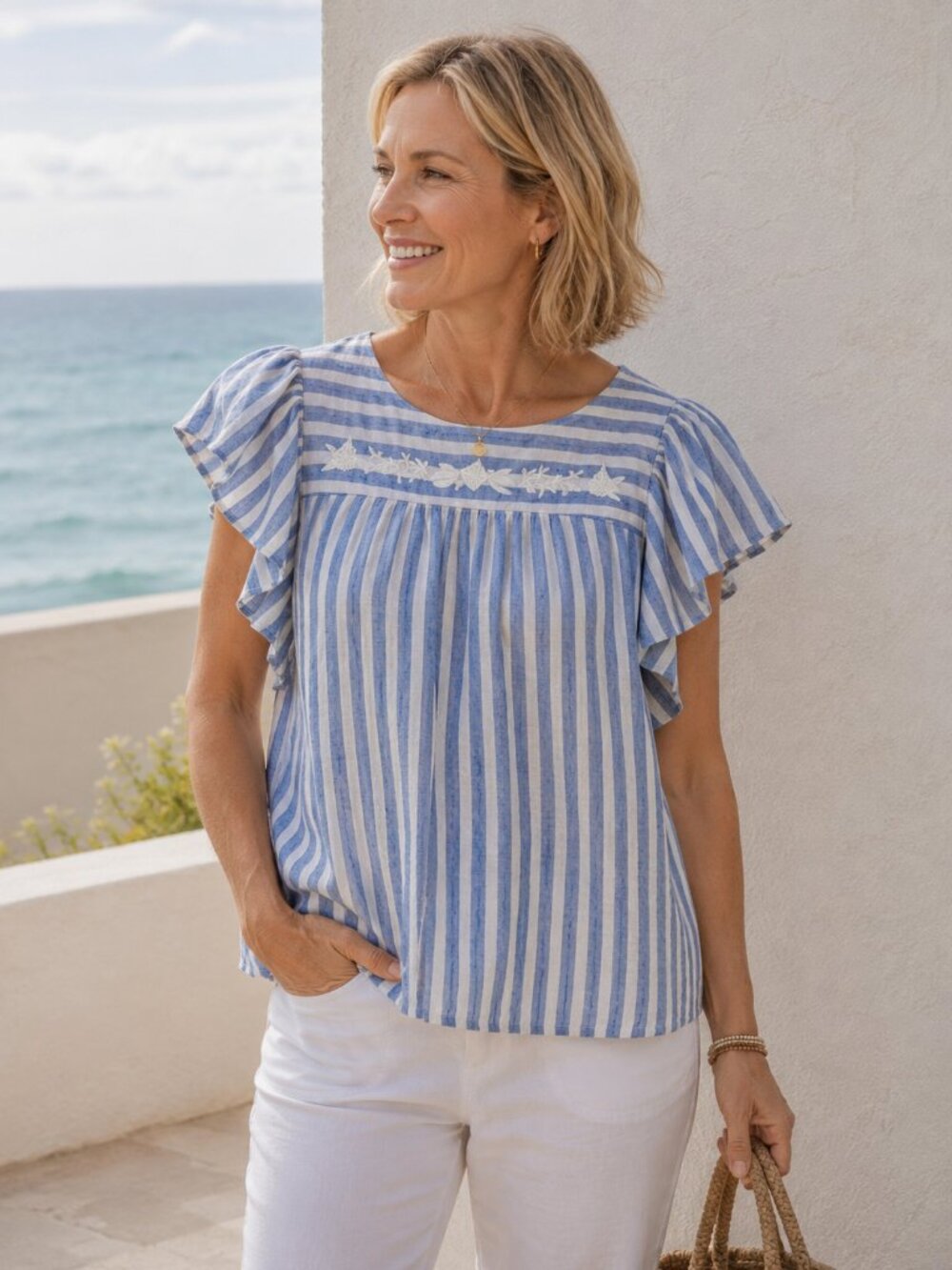 Listicle Blue White Stripe Cotton Linen Flutter Sleeve Embroidered Blouse M